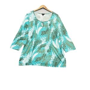 Talbots Knit Top 2X Teal Pintuck Tropical Leaf Print Artsy Popover Pima Modal‎